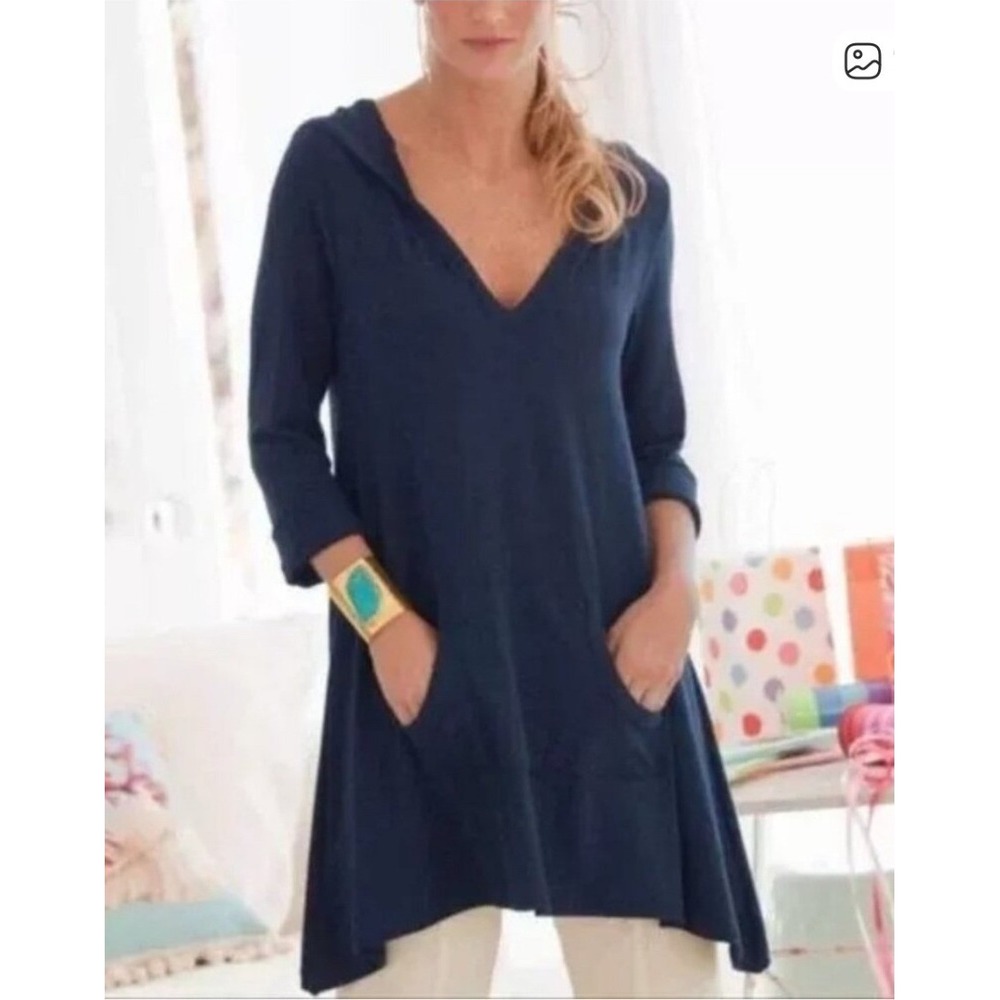Soft Surroundings Blue Go To Tunic Jersey Knit Hoodie Womens Size Small